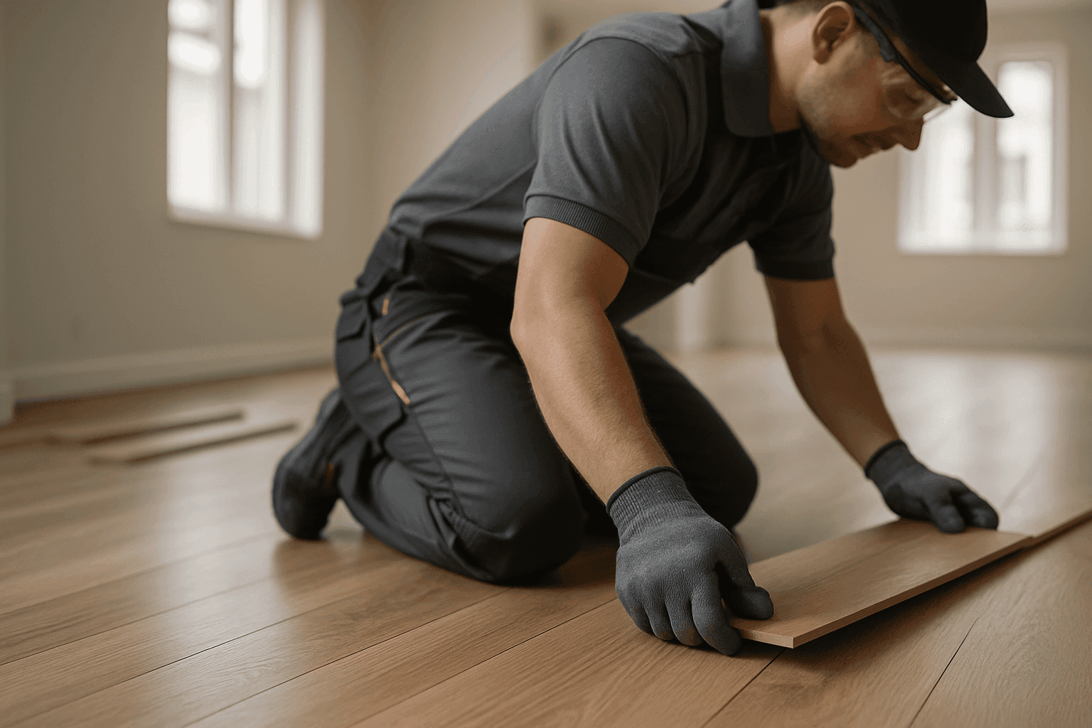 Hands in gloves installing wood flooring in a clean, modern residential or commercial space