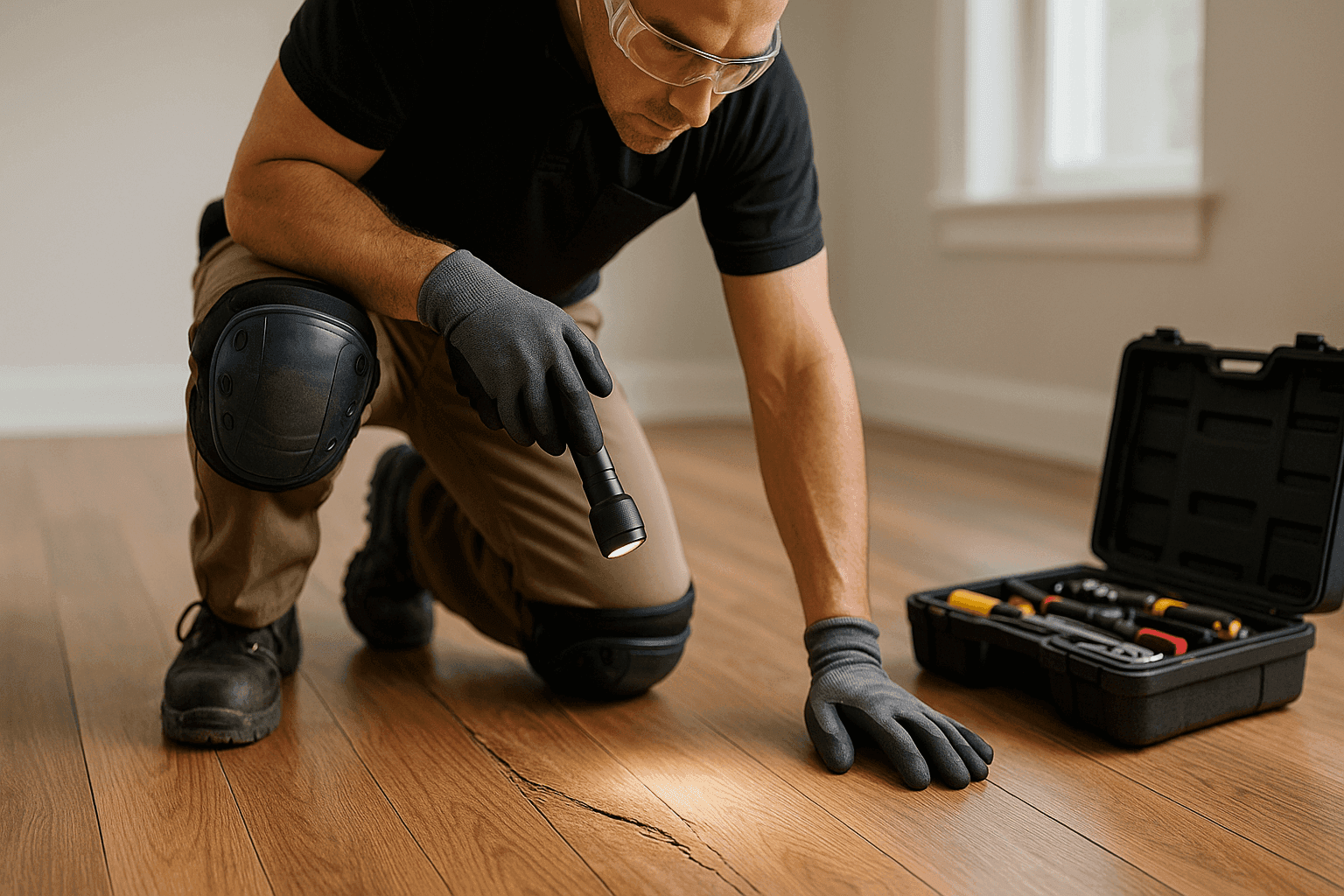 Inspector examining damaged hardwood floor with toolkit