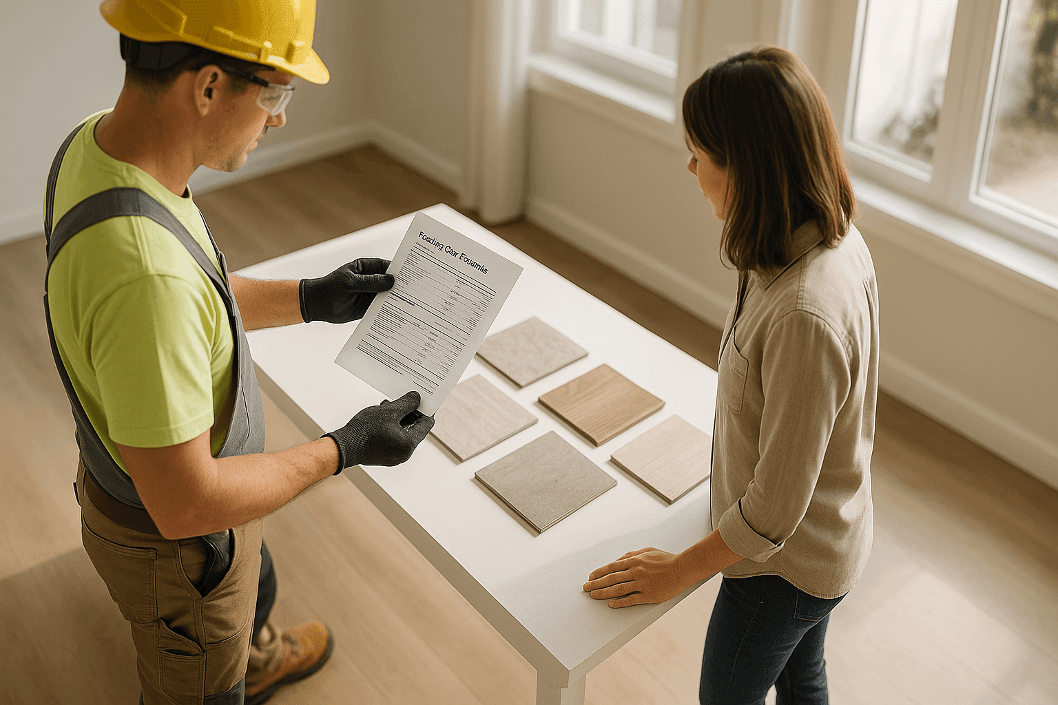 Contractor reviewing flooring cost estimate with client over flooring samples