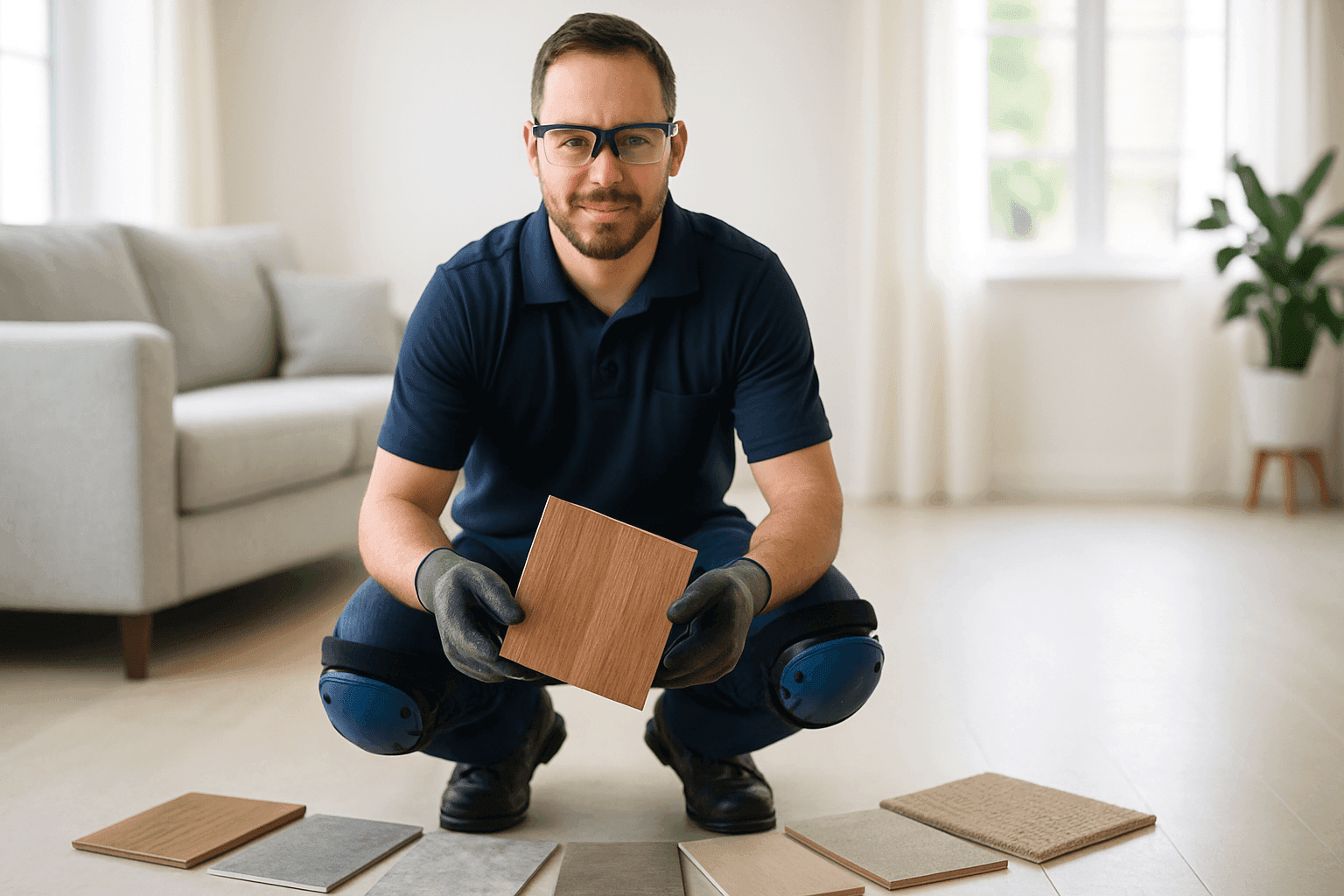 Flooring expert comparing different flooring samples in a bright, modern living room