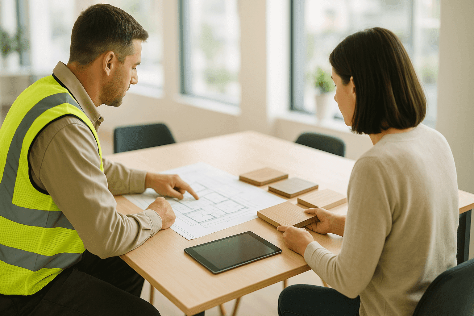 Homeowner interviewing flooring contractor with project plans on table