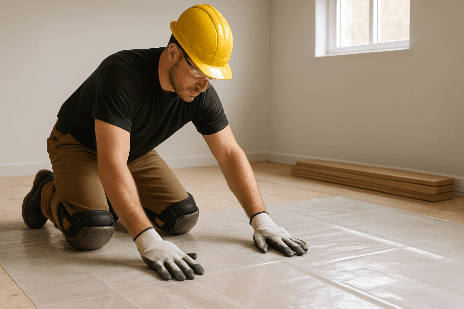 Technician installing moisture barrier under new flooring in a basement