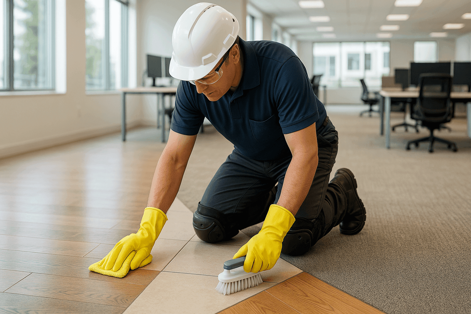 Professional cleaning and inspecting multiple types of flooring in a bright office