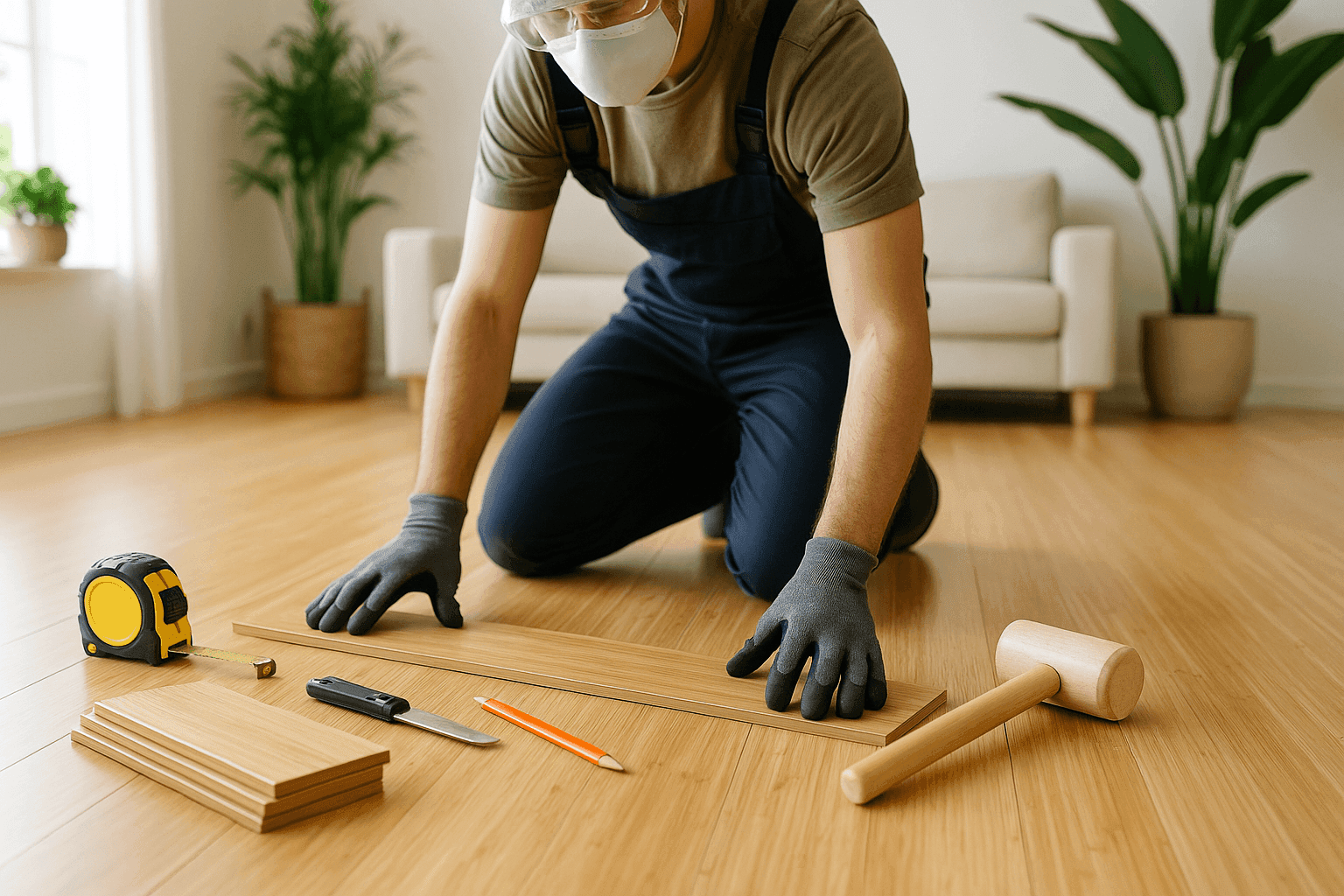 Modern living room with eco-friendly bamboo flooring and indoor plants